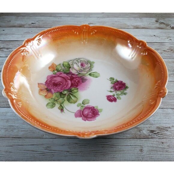 Antique German Lusterware Serving Bowl Orange with Roses, 9.25" - Picture 1 of 7